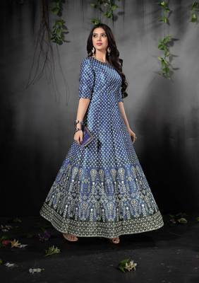 Alluring Blue Colored Floral Print Partywear Designer Gown (Stitched) 3