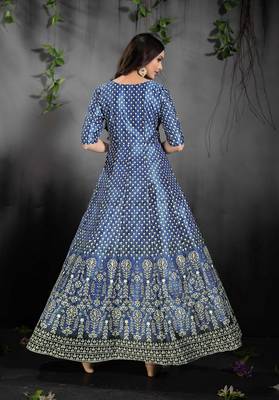 Alluring Blue Colored Floral Print Partywear Designer Gown (Stitched) 4