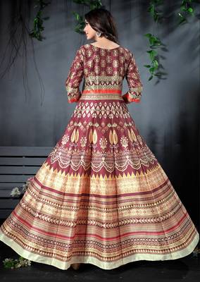 Adorning Beige And Brown Digital Print Partywear Designer Gown (Stitched) 3