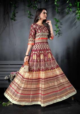 Adorning Beige And Brown Digital Print Partywear Designer Gown (Stitched) 4