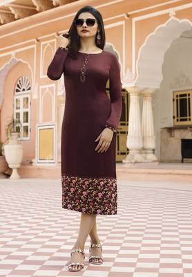 Wine Colour Printed Satin Readymade Kurti 1