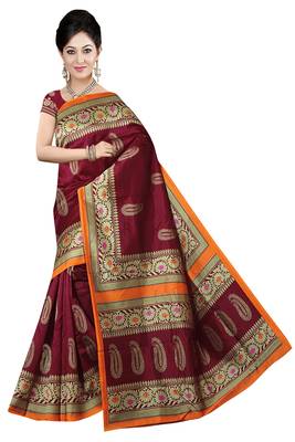 Maroon Printed Art Silk Saree With Blouse 1