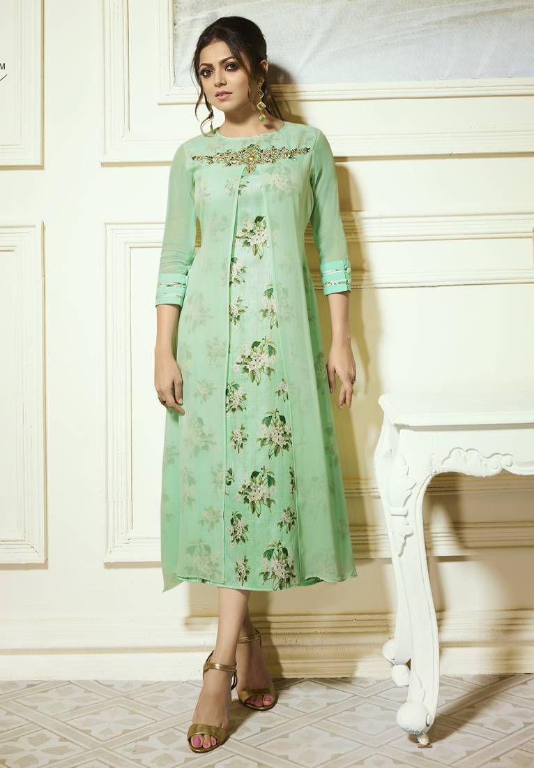 Sea Green Colour Embroidered And Printed Vaishnavi Georgette Readymade Kurti