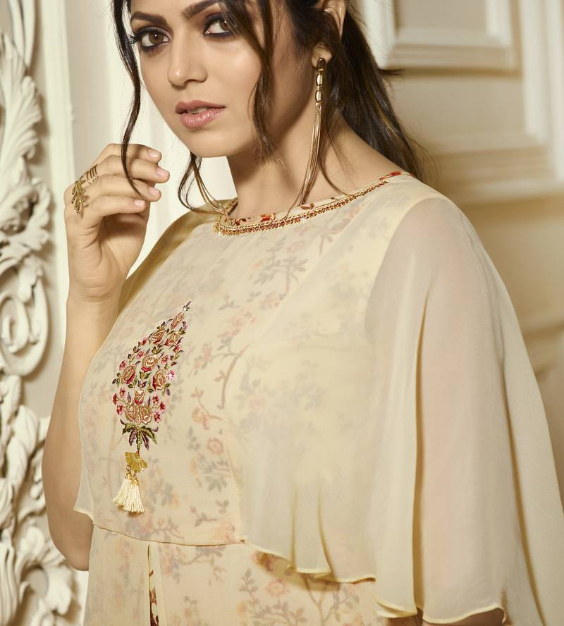Cream Colour Embroidered And Printed Vaishnavi Georgette Readymade Kurti