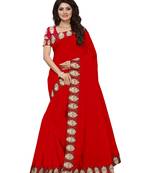 Red plain chanderi saree with blouse