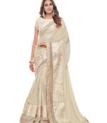 Off white embroidered net saree with blouse