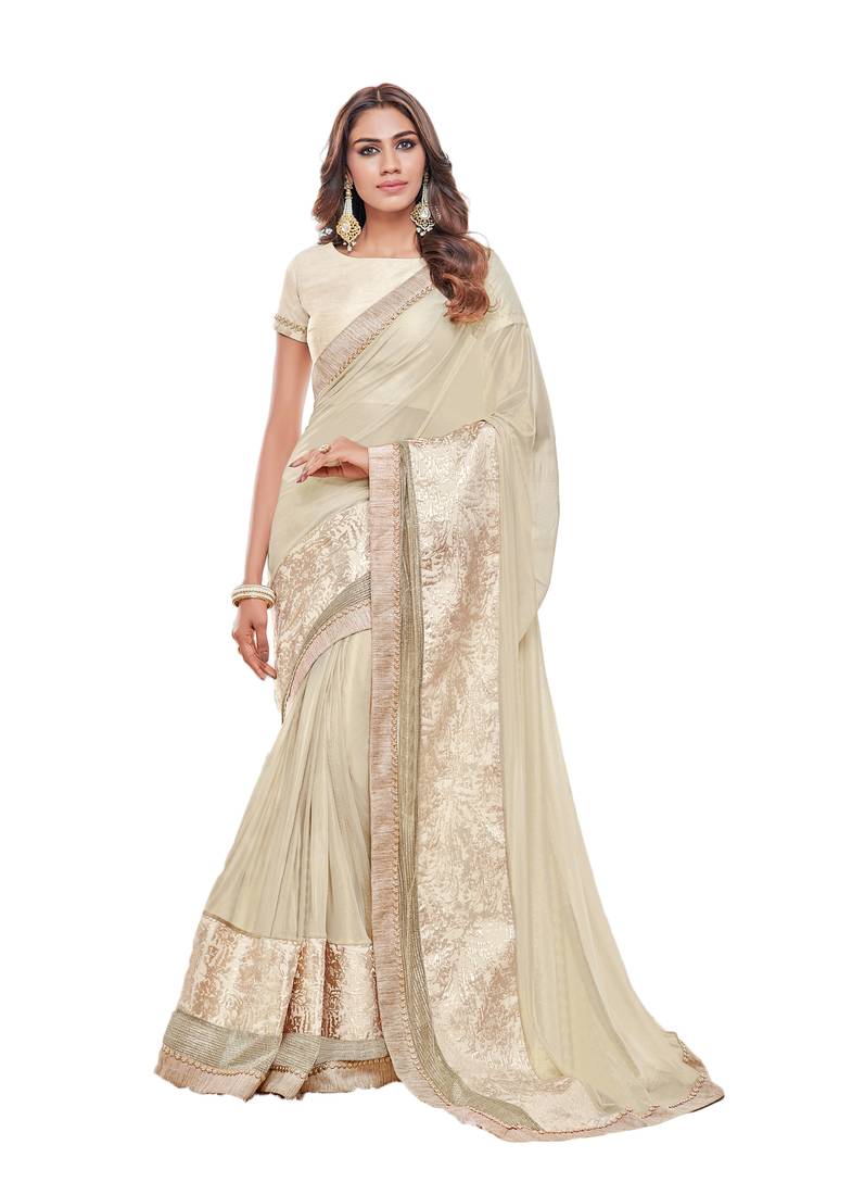 Off white embroidered net saree with blouse
