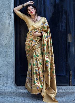 Beige woven saree silk blend with blouse 1