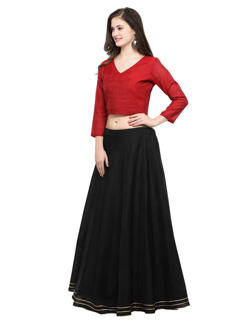 Inddus Red And Dark Maroon Unstitched Cotton Lehenga Choli