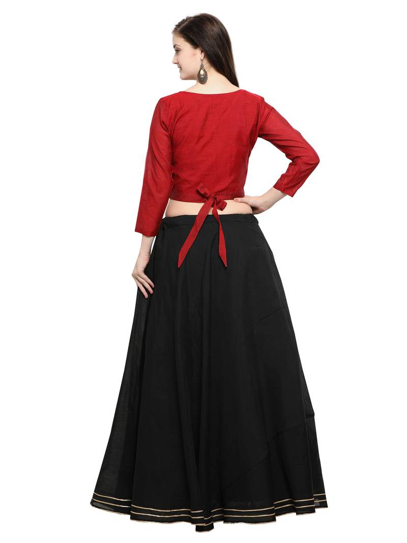 Inddus Red And Dark Maroon Unstitched Cotton Lehenga Choli