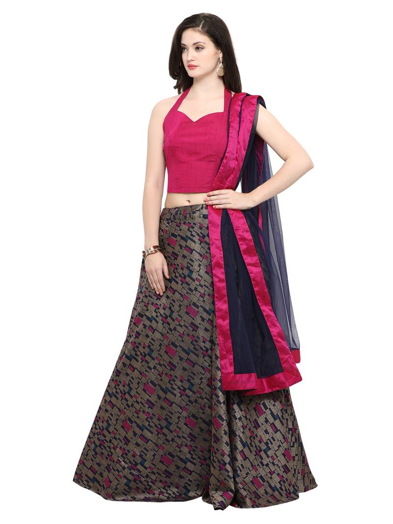 Inddus Magenta Pink And Dark Magenta Unstitched Cotton Lehenga Choli With Dupatta