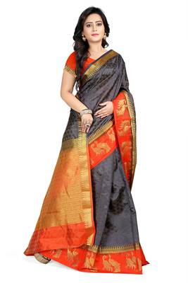 Black plain cotton silk saree with blouse 2