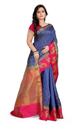 Dark Navy Blue Plain Cotton Silk Saree With Blouse 1