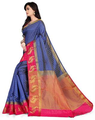 Dark Navy Blue Plain Cotton Silk Saree With Blouse 2