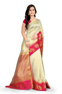 Off White Plain Cotton Silk Saree With Blouse 1
