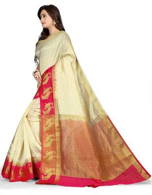 Off White Plain Cotton Silk Saree With Blouse 2