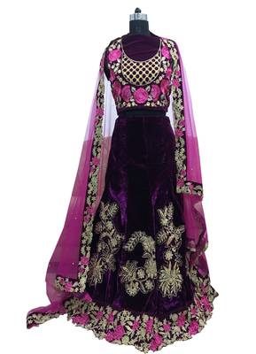 Purple embroidered velvet semi stitched lehenga with dupatta 1