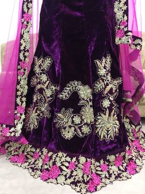 Purple embroidered velvet semi stitched lehenga with dupatta 2