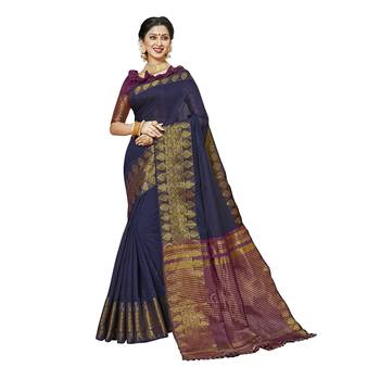 Blue woven chanderi silk saree with blouse 1
