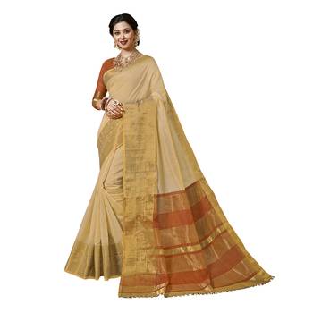 Beige woven chanderi silk saree with blouse 1