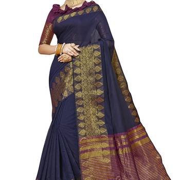 Blue woven chanderi silk saree with blouse 3