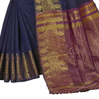 Blue woven chanderi silk saree with blouse 4