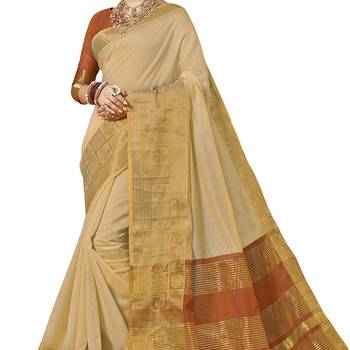 Beige woven chanderi silk saree with blouse 3