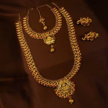 Copper Ruby Laxmi Short Long Combo Necklace Earring Jewelry Set 1