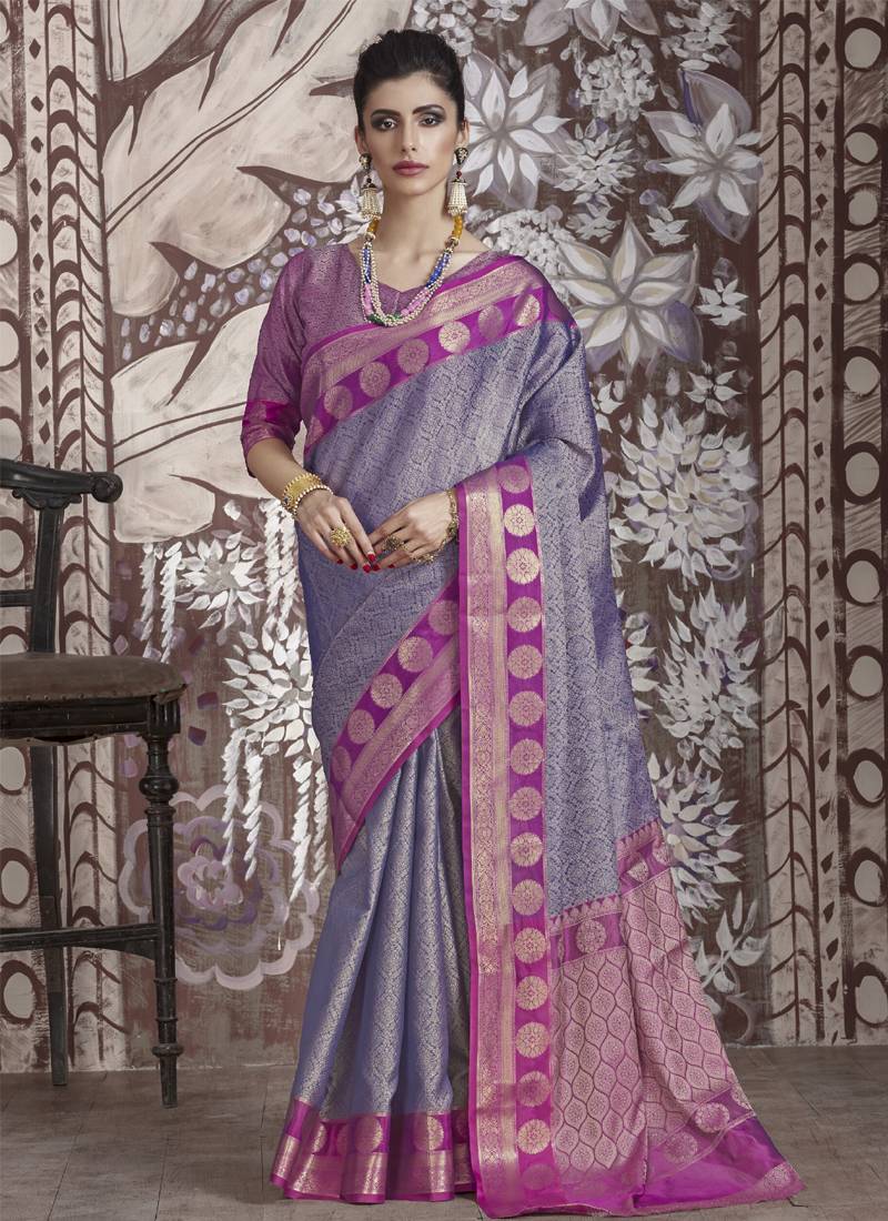 Lavender woven art silk saree with blouse