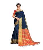 Blue woven banarasi cotton saree with blouse