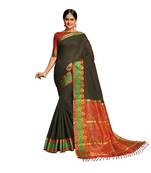 Brown woven banarasi cotton saree with blouse