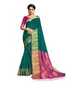 Teal woven banarasi cotton saree with blouse