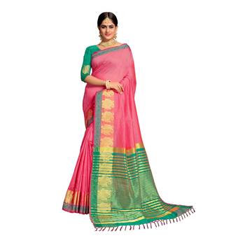 Pink woven banarasi cotton saree with blouse 1