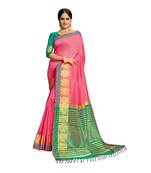 Pink woven banarasi cotton saree with blouse