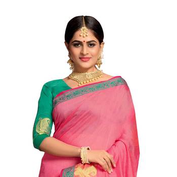 Pink woven banarasi cotton saree with blouse 2