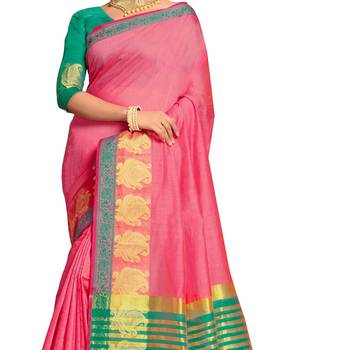Pink woven banarasi cotton saree with blouse 3