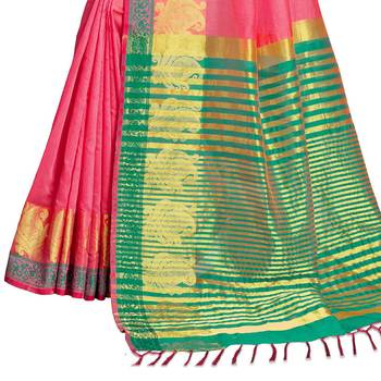 Pink woven banarasi cotton saree with blouse 4