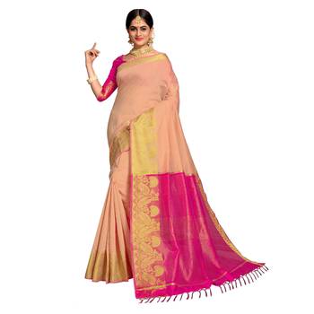 Peach woven banarasi cotton saree with blouse 1