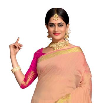 Peach woven banarasi cotton saree with blouse 2