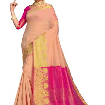 Peach woven banarasi cotton saree with blouse 3