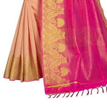 Peach woven banarasi cotton saree with blouse 4