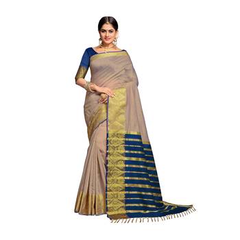 Grey woven banarasi cotton saree with blouse 1