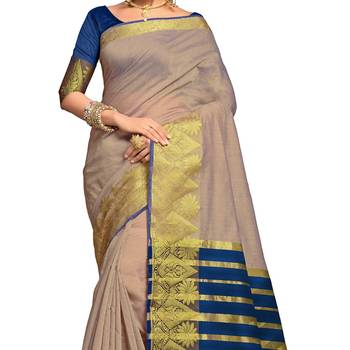 Grey woven banarasi cotton saree with blouse 3