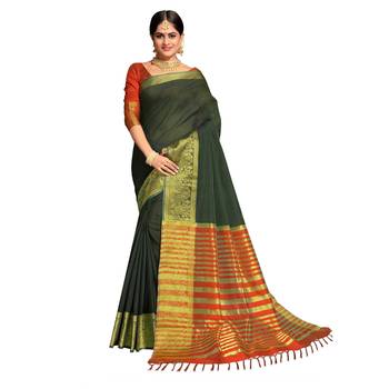 Dark green woven banarasi cotton saree with blouse 1