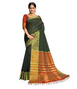 Dark green woven banarasi cotton saree with blouse