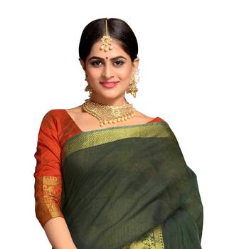 Dark green woven banarasi cotton saree with blouse 2