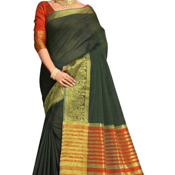 Dark green woven banarasi cotton saree with blouse 3