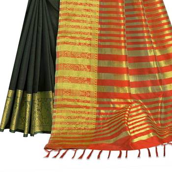 Dark green woven banarasi cotton saree with blouse 4