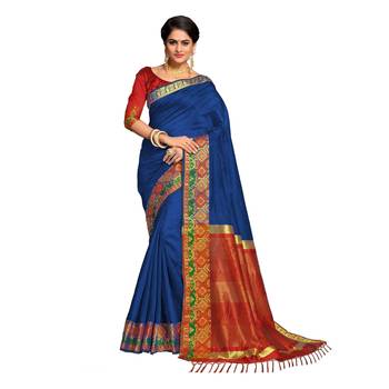 Blue woven banarasi cotton saree with blouse 1
