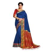 Blue woven banarasi cotton saree with blouse